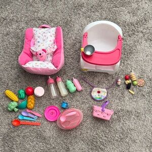 Doll Accessory Food, grocery, car seat bundle 32 pieces